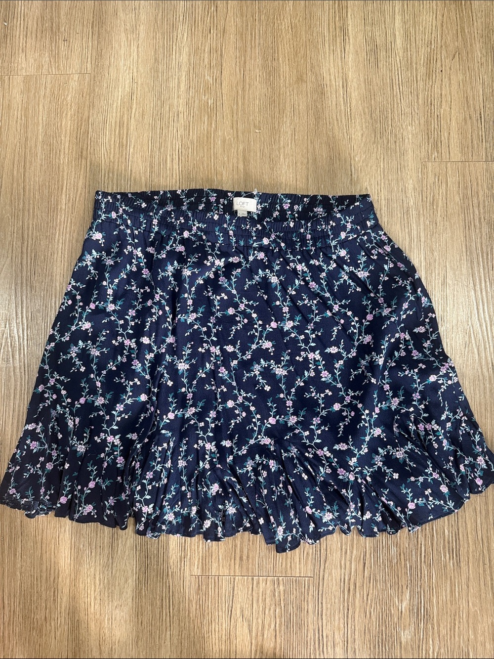 LOFT Navy Floral Ruffle Mini Skirt with Pink and Green Accents XL